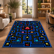 Classic neon blue arcade maze rug in a bright home office