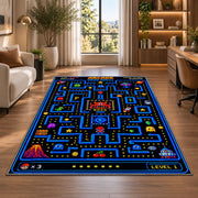 Arcade maze quest level one rug in a bright home office