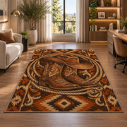 Cowboy hat and boots rug in a living room with a desk and large windows