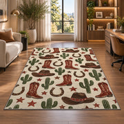 Western icons pattern rug in a living room with a desk and large windows