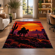 Cowboy sunset rider rug in a living room with a desk and large windows