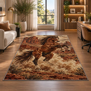 Wild mustang rug in a living room with a desk and large windows