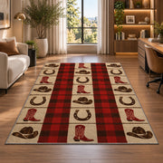 Cowboy plaid check rug in a living room with a desk and large windows