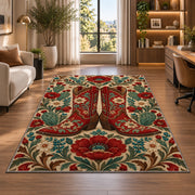 Embroidered red boots rug in a living room with a desk and large windows