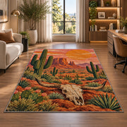Desert longhorn sunset rug in a living room with a desk and large windows