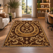 Tooled leather horseshoe rug in a living room with a desk and large windows