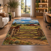 Ranch gate and barn rug in a living room with a desk and large windows