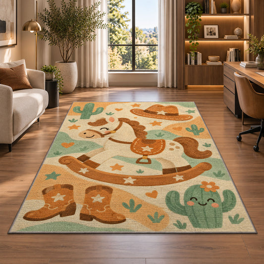Little cowboy nursery rug in a living room with a desk and large windows