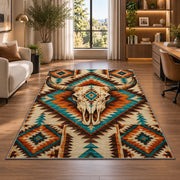 Longhorn Aztec rug in a living room with a desk and large windows