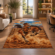Rodeo bronc rider rug in a living room with a desk and large windows
