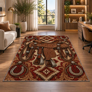 Tooled saddle rug in a living room with a desk and large windows