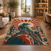 Vintage cowboy poster rug in a living room with a desk and large windows
