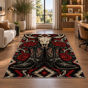 Western gothic boots rug in a living room with a desk and large windows