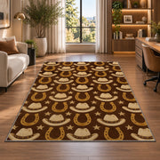 Hats and horseshoes rug in a living room with a desk and large windows