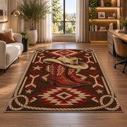 Lasso frame rug in a living room with a desk and large windows