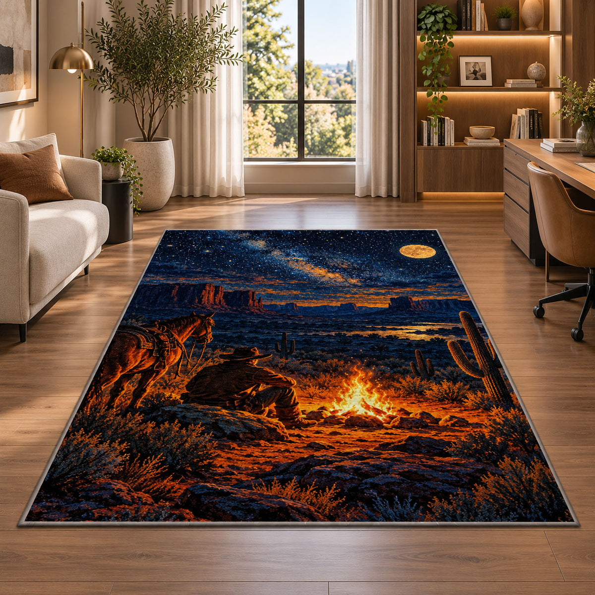 Cowboy campfire rug in a living room with a desk and large windows