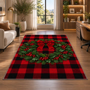 Buffalo Plaid Christmas Wreath rug in a living room with a desk and large windows