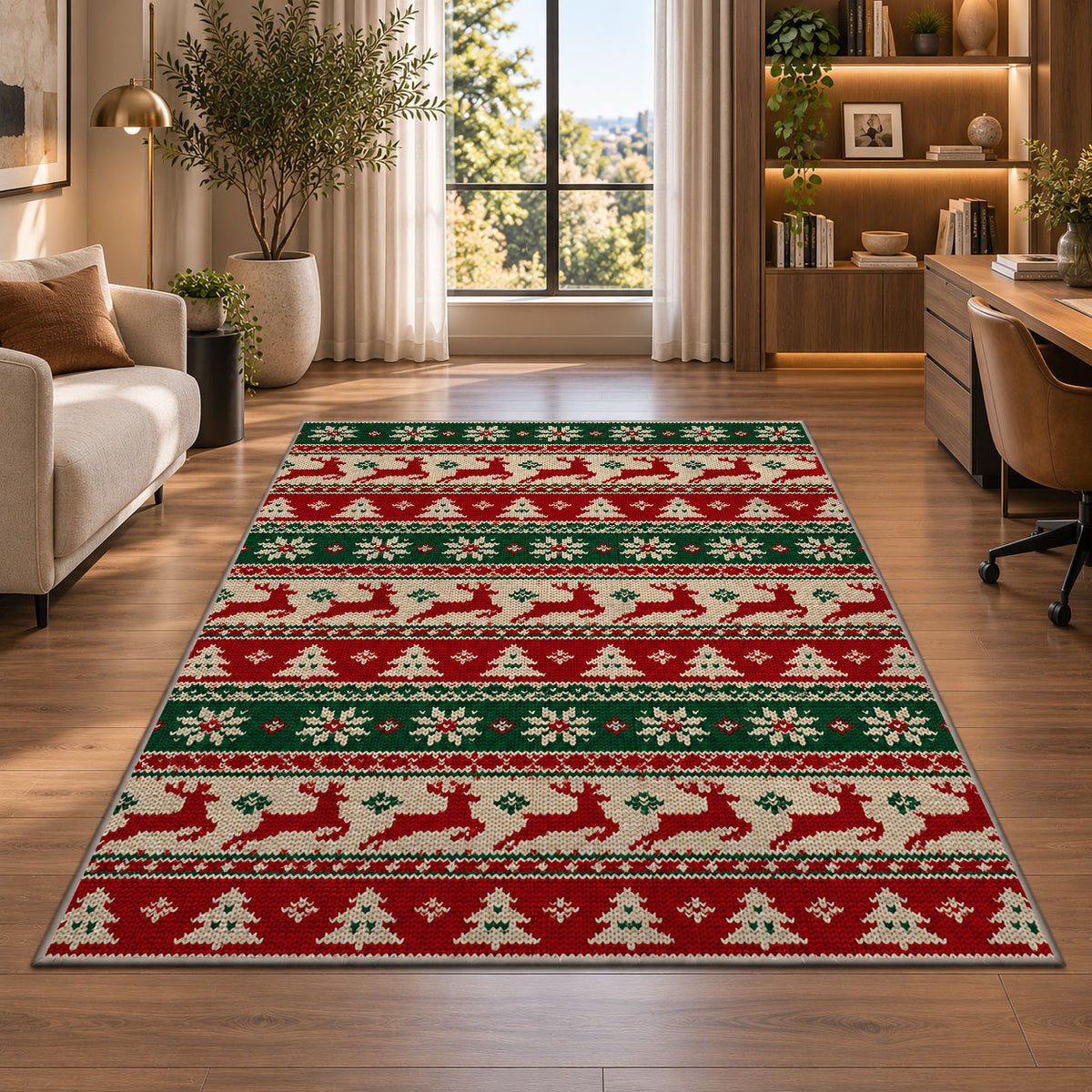 Ugly Christmas Sweater Knit rug in a living room with a desk and large windows