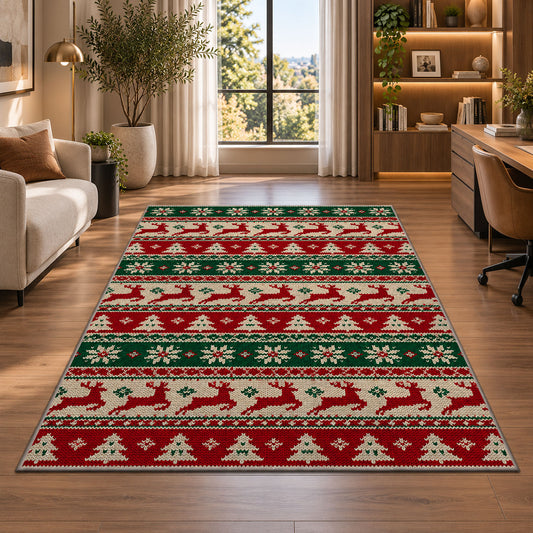 Ugly Christmas Sweater Knit rug in a living room with a desk and large windows