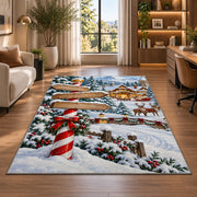 North Pole Signpost rug in a living room with a desk and large windows