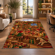 Santa's Workshop Elves rug in a living room with a desk and large windows