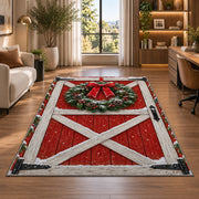 Red Barn Door Christmas Wreath rug in a living room with a desk and large windows