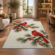 Winter Cardinals on Pine rug in a living room with a desk and large windows