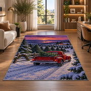 Christmas Tree Farm Red Truck rug in a living room with a desk and large windows