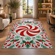 Peppermint Candy Swirl rug in a living room with a desk and large windows