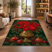 Poinsettia Brass Pot rug in a living room with a desk and large windows