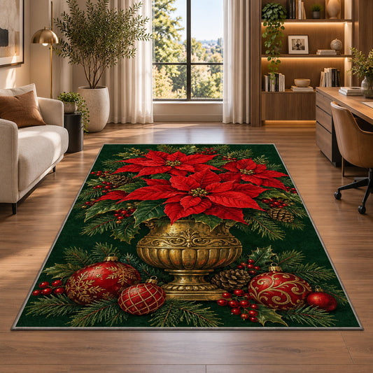 Poinsettia Brass Pot rug in a living room with a desk and large windows