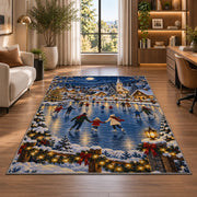 Village Ice Skating Night rug in a living room with a desk and large windows
