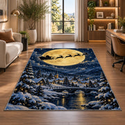 Santa Sleigh Full Moon rug in a living room with a desk and large windows