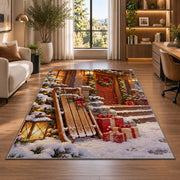 Wooden Sled Snowy Porch rug in a living room with a desk and large windows
