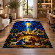 Bethlehem Star Stained Glass rug in a living room with a desk and large windows