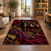 red wine and grapes rug in a living room with a desk and large windows