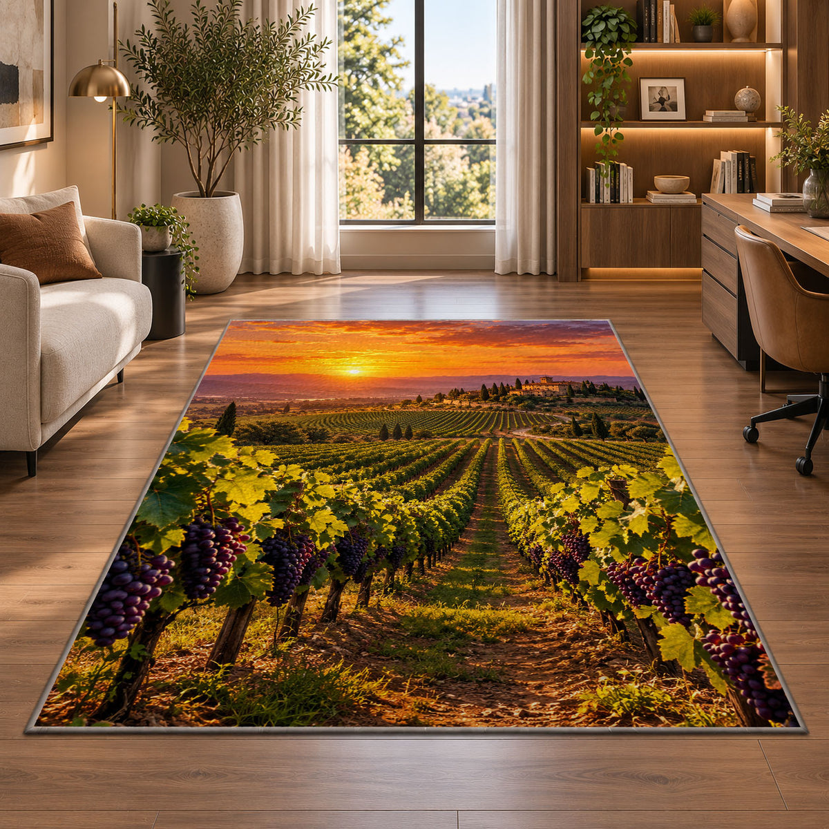 vineyard sunset rug in a living room with a desk and large windows