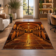 wine cellar barrels rug in a living room with a desk and large windows