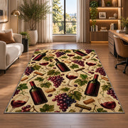 wine pattern rug in a living room with a desk and large windows