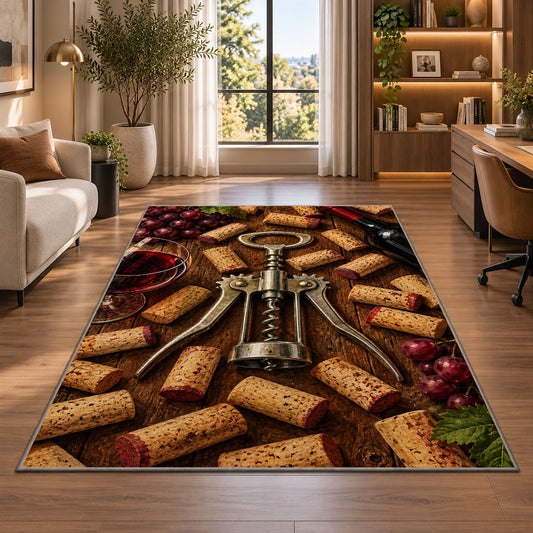 corkscrew and wine corks rug in a living room with a desk and large windows