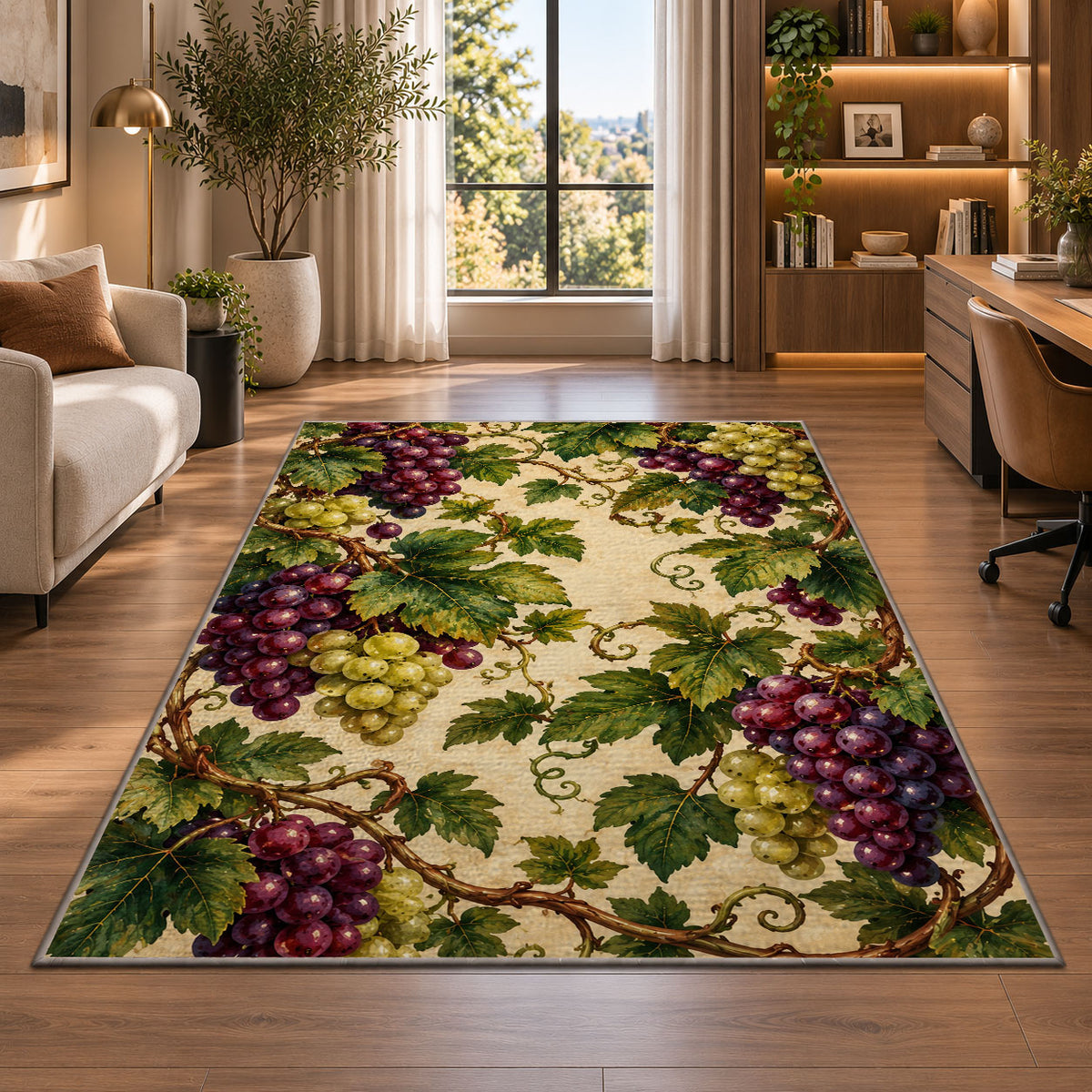 grapevine cluster rug in a living room with a desk and large windows