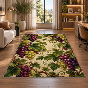 grapevine cluster rug in a living room with a desk and large windows