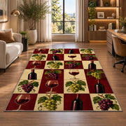 checkered wine rug in a living room with a desk and large windows