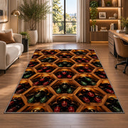 honeycomb wine rack rug in a living room with a desk and large windows