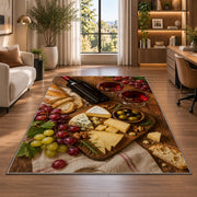 wine and cheese board rug in a living room with a desk and large windows