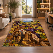 grape harvest rug in a living room with a desk and large windows