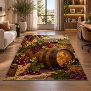 oak wine barrel rug in a living room with a desk and large windows
