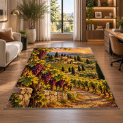 tuscany vineyard rug in a living room with a desk and large windows