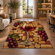 wine cork mosaic rug in a living room with a desk and large windows