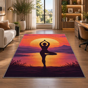 tree pose yoga sunset rug in a living room with a desk and large windows